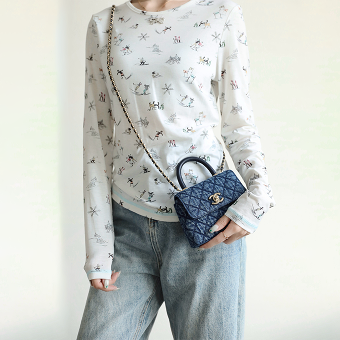 chanel mini coco handle denim chain clutch bag